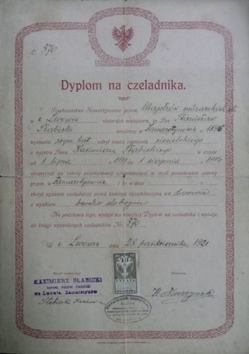 Dyplom na czeladnika ciesielskiego 1921